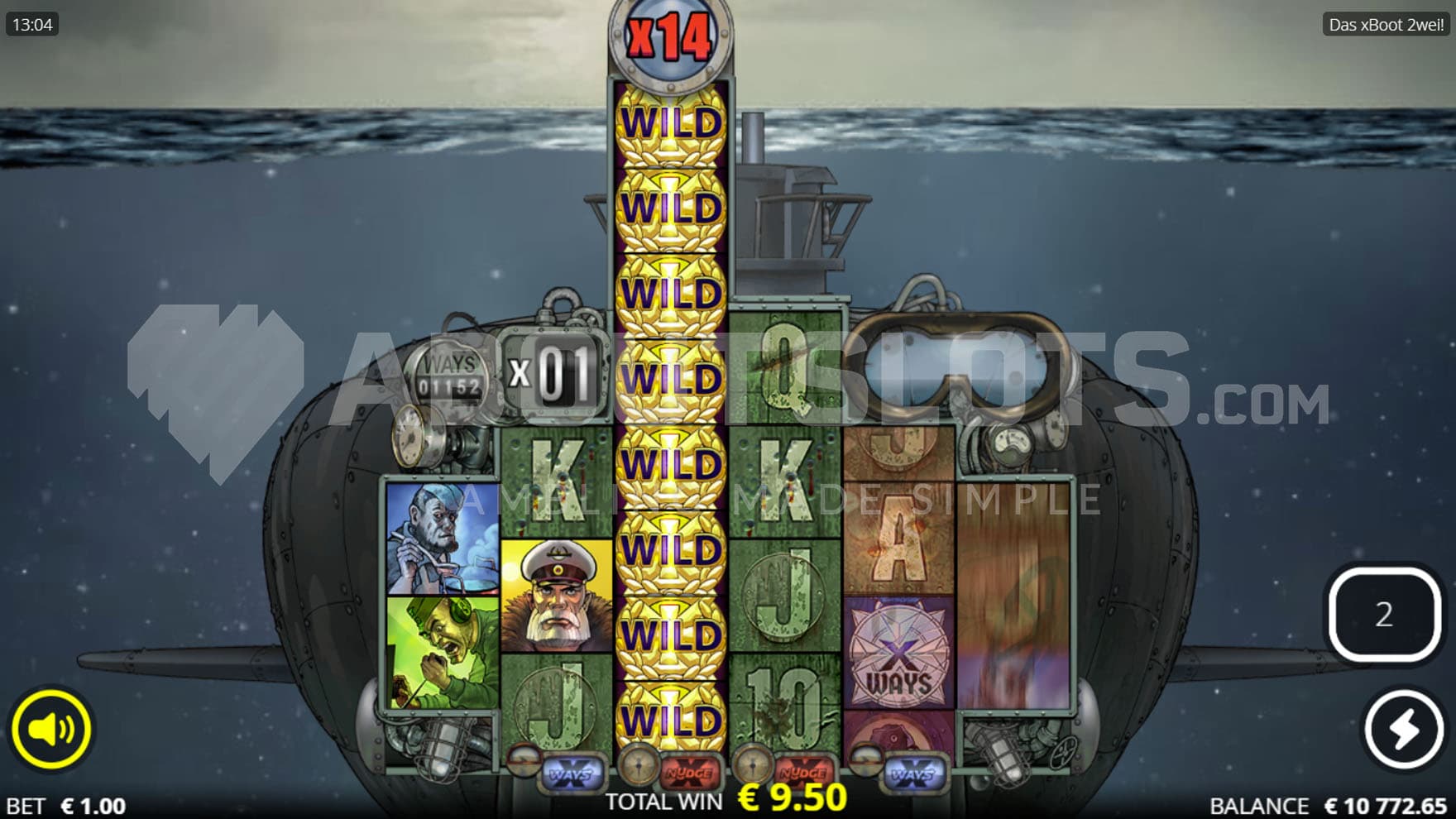 Silent Hunter Spins bonus in progress, showing the Periscope Up! feature triggered, covering the third reel with Wilds.