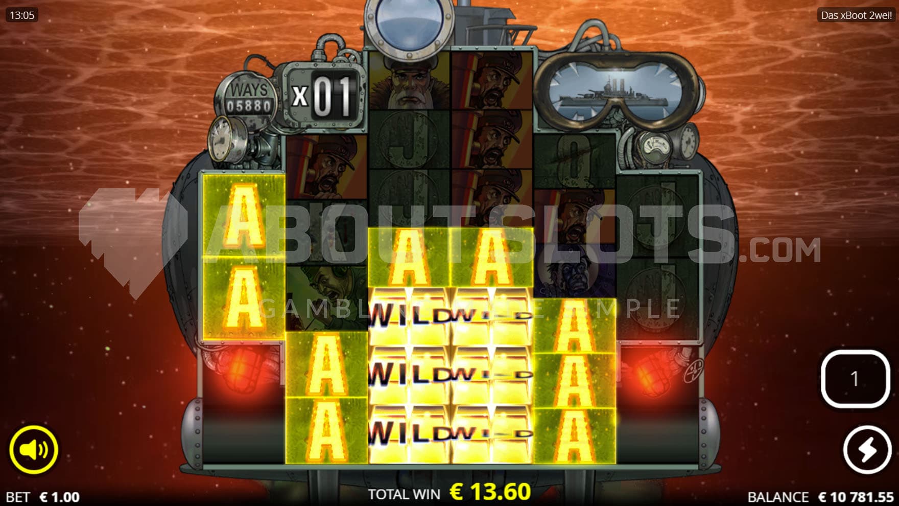 Wolf Pack Spins bonus in progress, shwoing a win created after the Torpedo Builder feature trigger.
