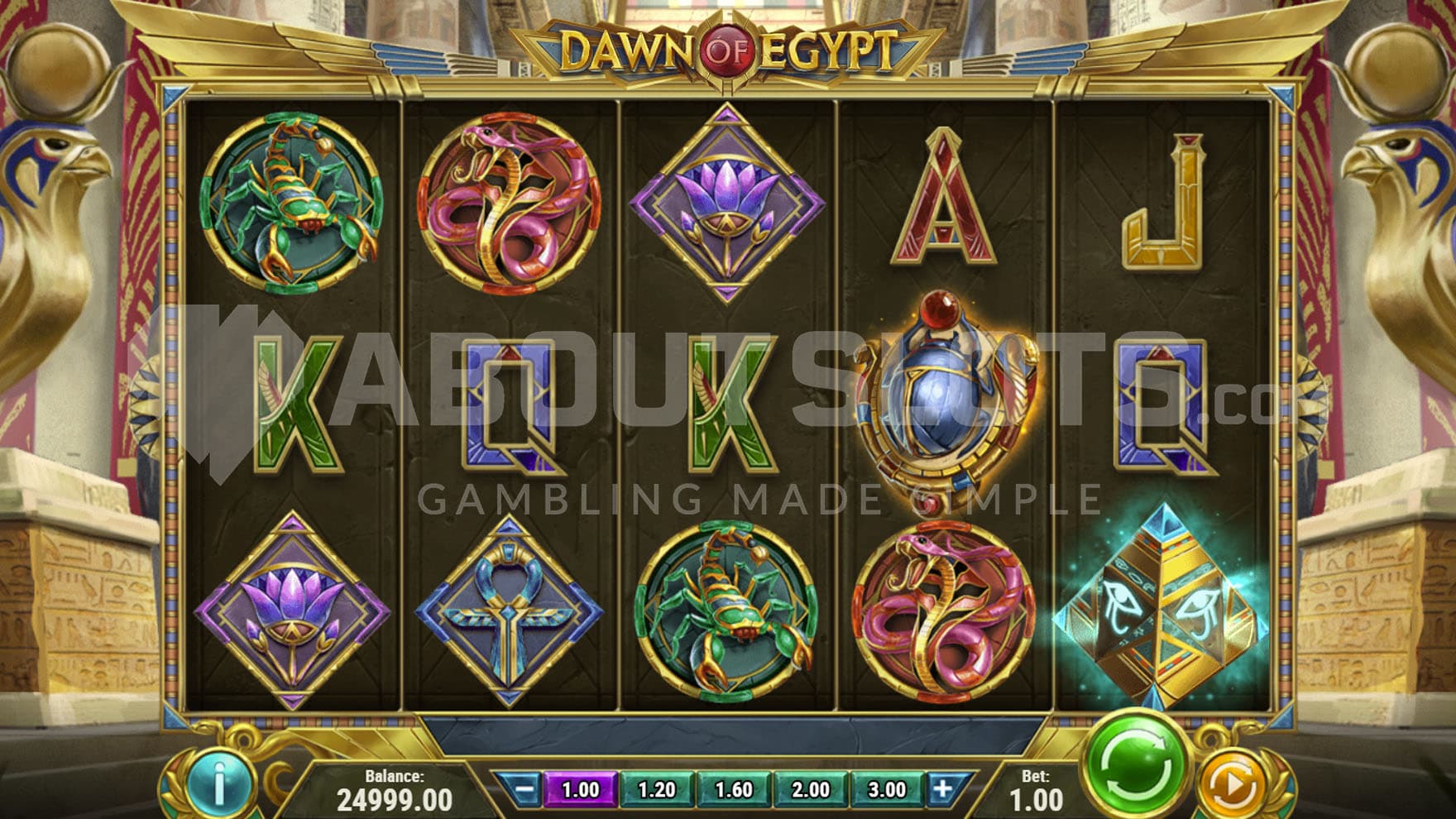 Base Game view of a 5x3 grid on a backdrop of an Ancient Egyptian temple interior with two falcon statues on the sides.