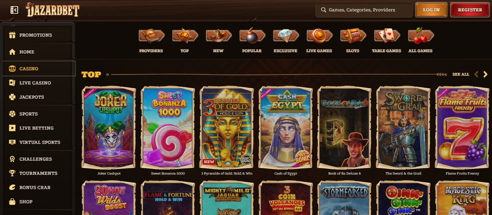 Dazardbet Casino Games page with Joker and Sweet Bonanza  slot titles