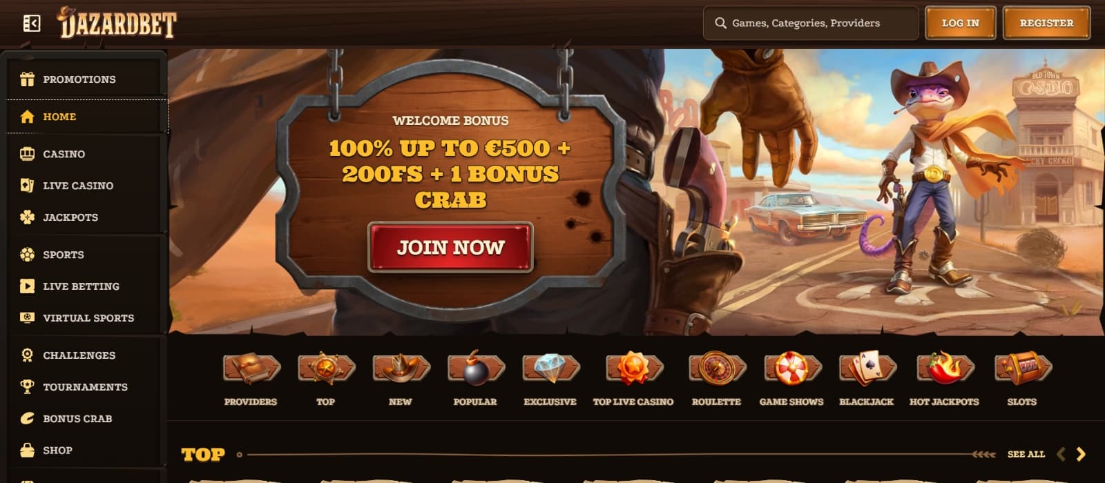 Dazardbet Casino landing page with wild west theme and geko mascot