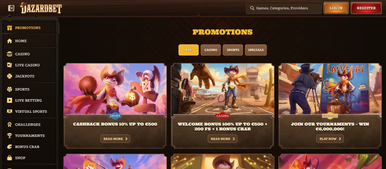 Dazardbet Casino promotions page with 100% welcome bonus and reload bonus