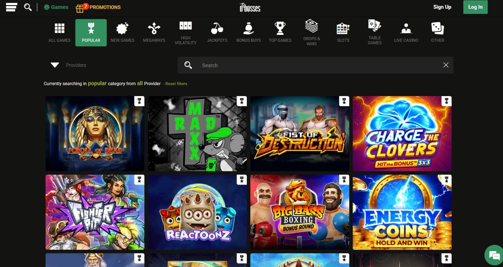 Dbosses Casino games page featuring the most popular titles under game category tabs and search filter
