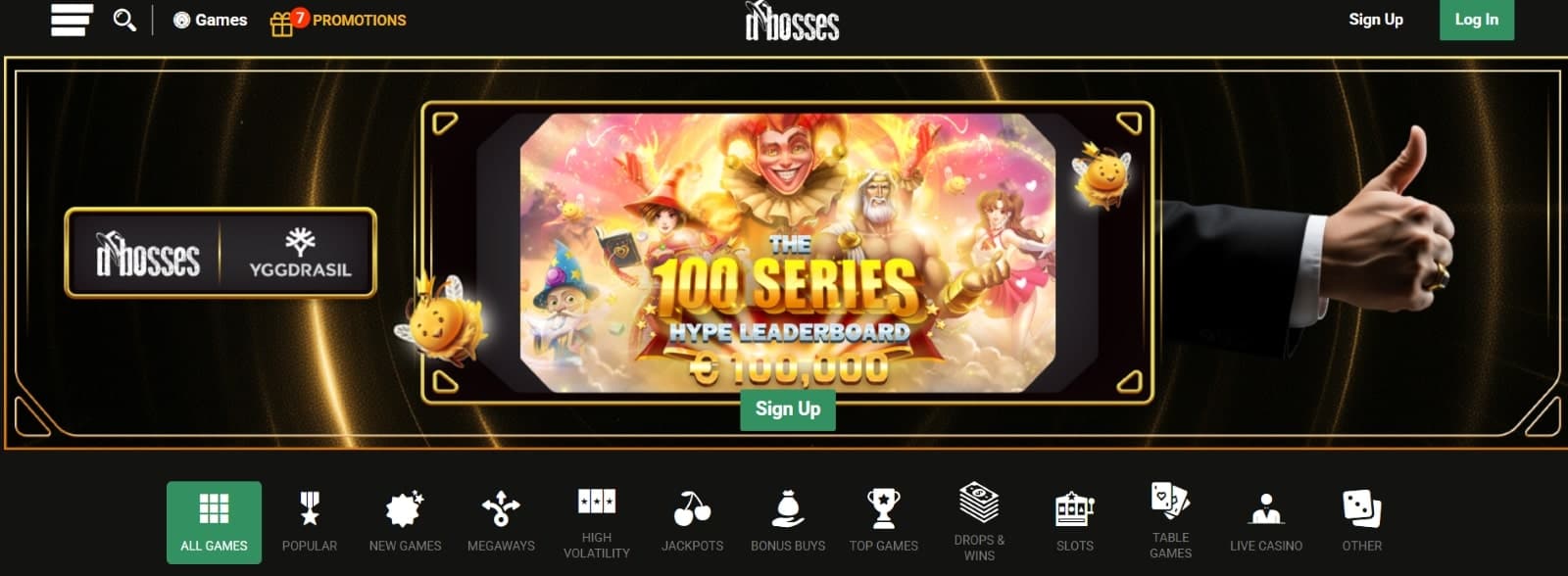 Dbosses Casino landing page featuring the 100 series leaderboard prize from Yggdrasil and game tabs below banner