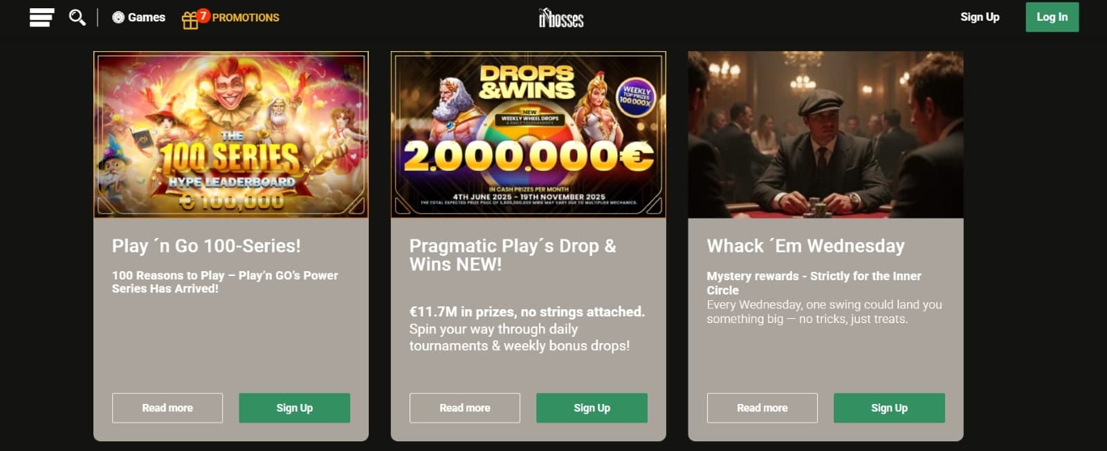 Dbosses Casino promotions page with the Play'n GO power series, Drops and wins tournament and Wednesday Mystery Reload bonus