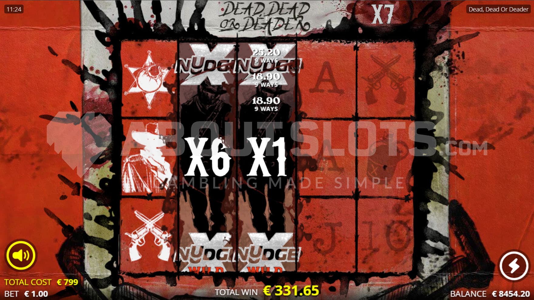 xNudge Wild feature triggered in the base game showing two stacked wilds with multipliers of x6 and x1 on the second and third reel.