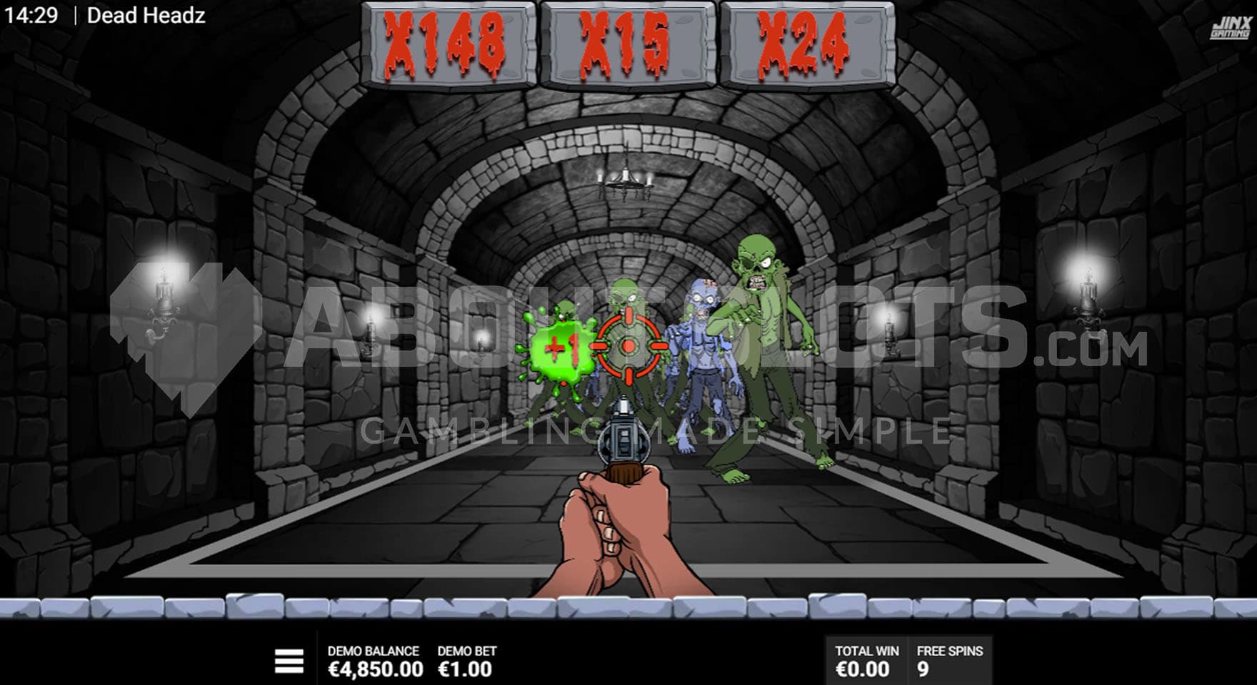 Shoot & Loot Waves Bonus, showing a gun shooting at hordes of zombies approaching through a dark tunnel.