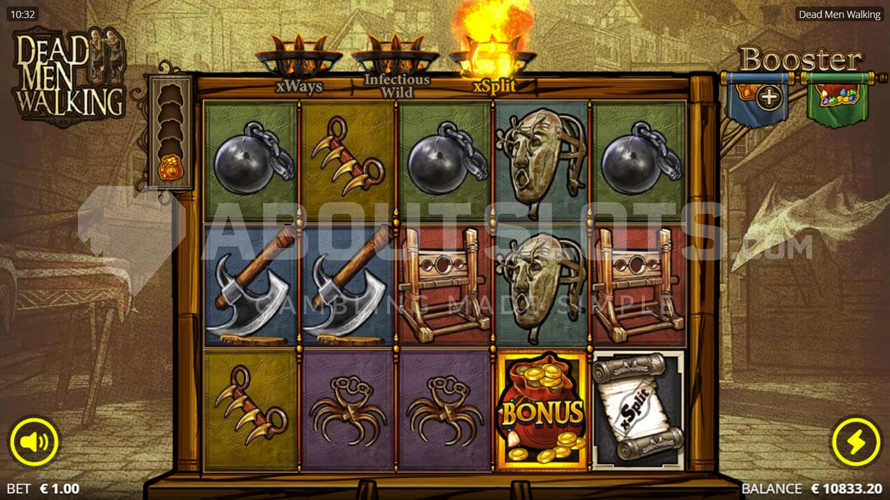 Base Game view of a 5x3 grid on a backdrop of a sketched medieval city.