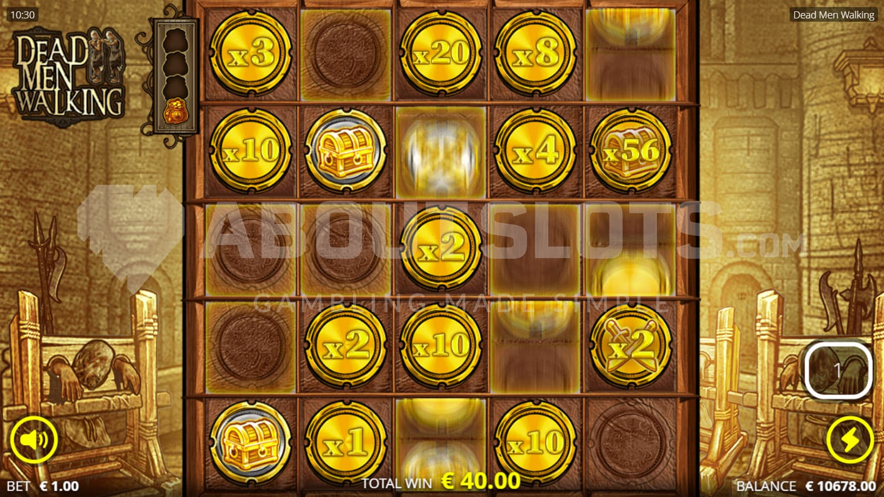 Bonus Game in progress, showing multiple coin and special symbols locked on a 5x5 grid.