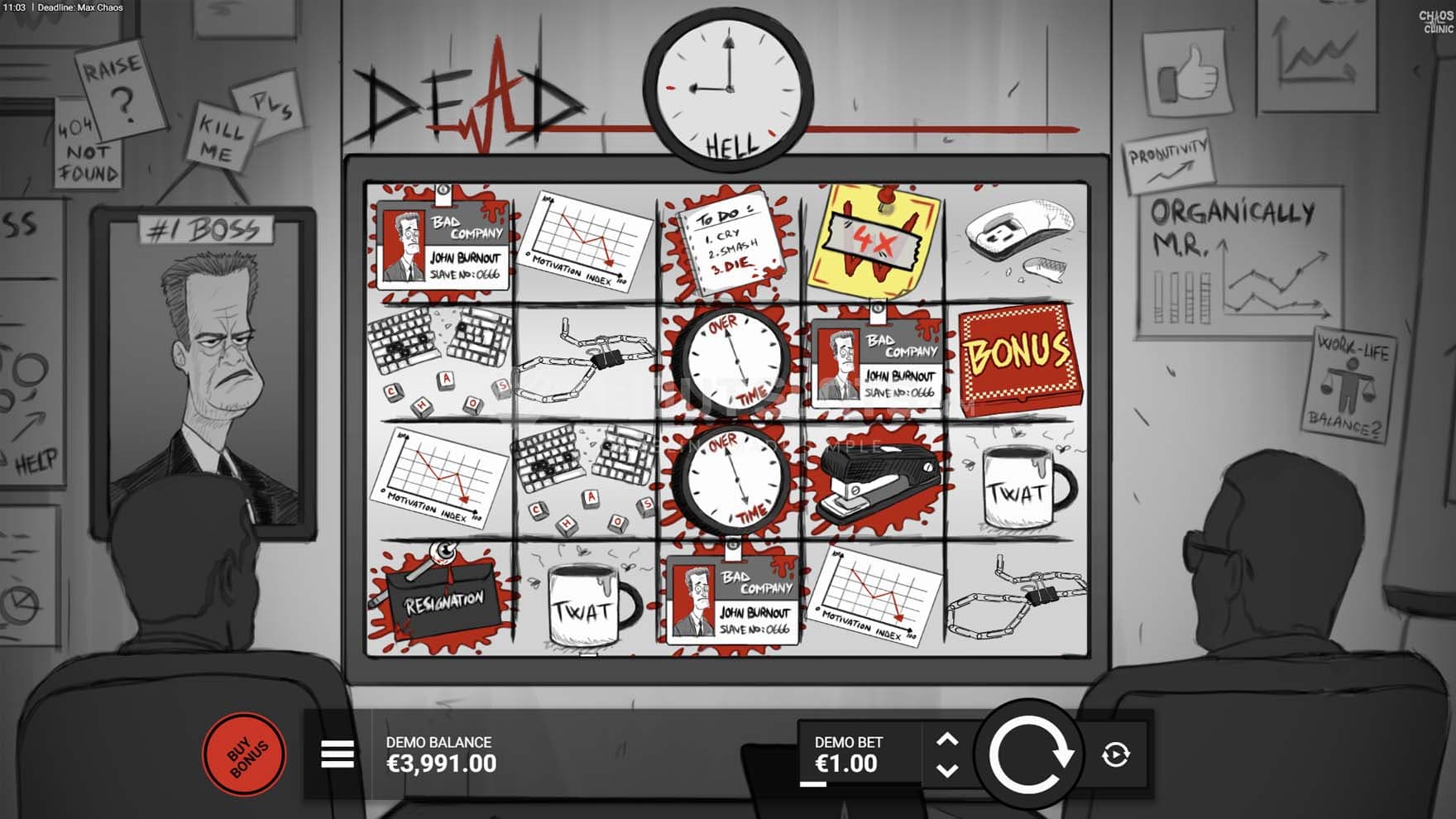 Screenshot of the base game, showing a 5x4 grid on a backdrop of a greyscale cartoon office environment.