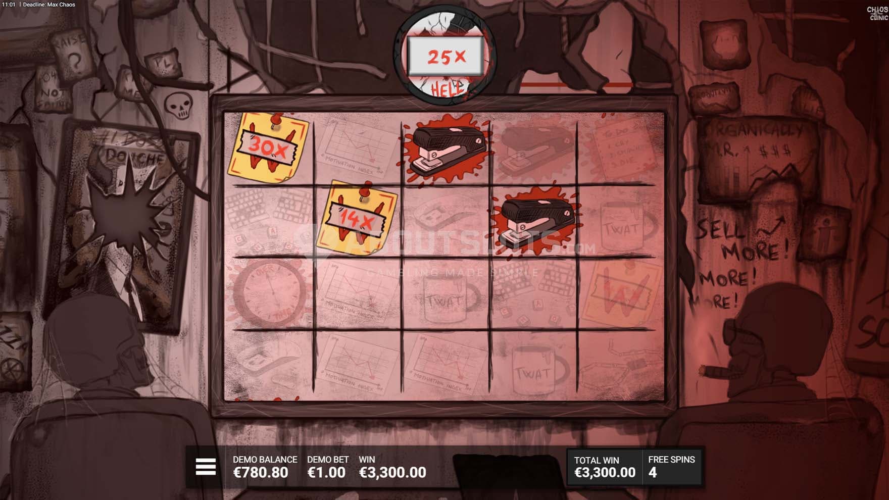 Screenshot of the Max Chaos bonus in progress, with a high win achieved with two Multiplier Wilds.