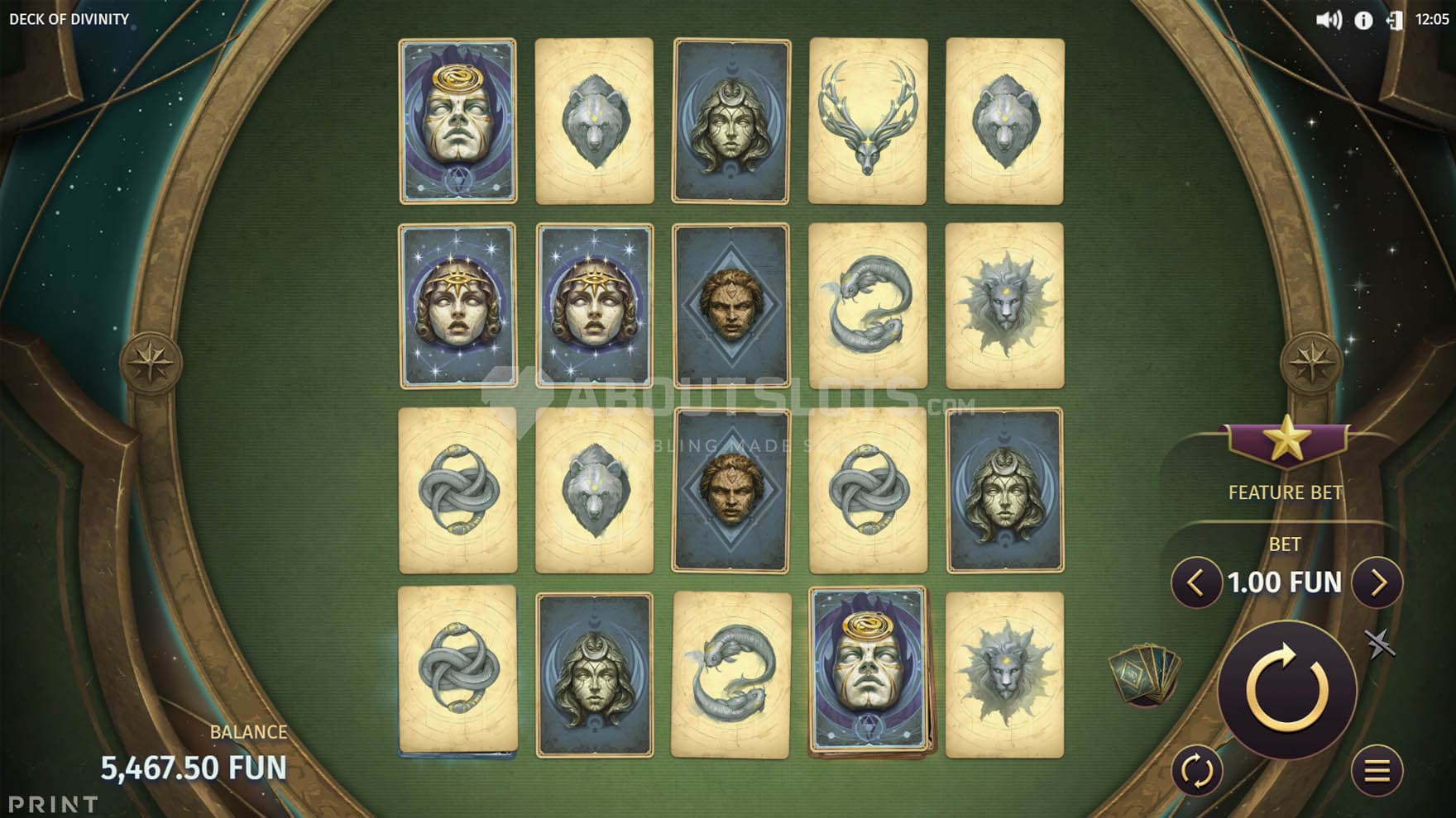 Screenshot of the base game, with a 5x4 grid populated with cards on a green felt.