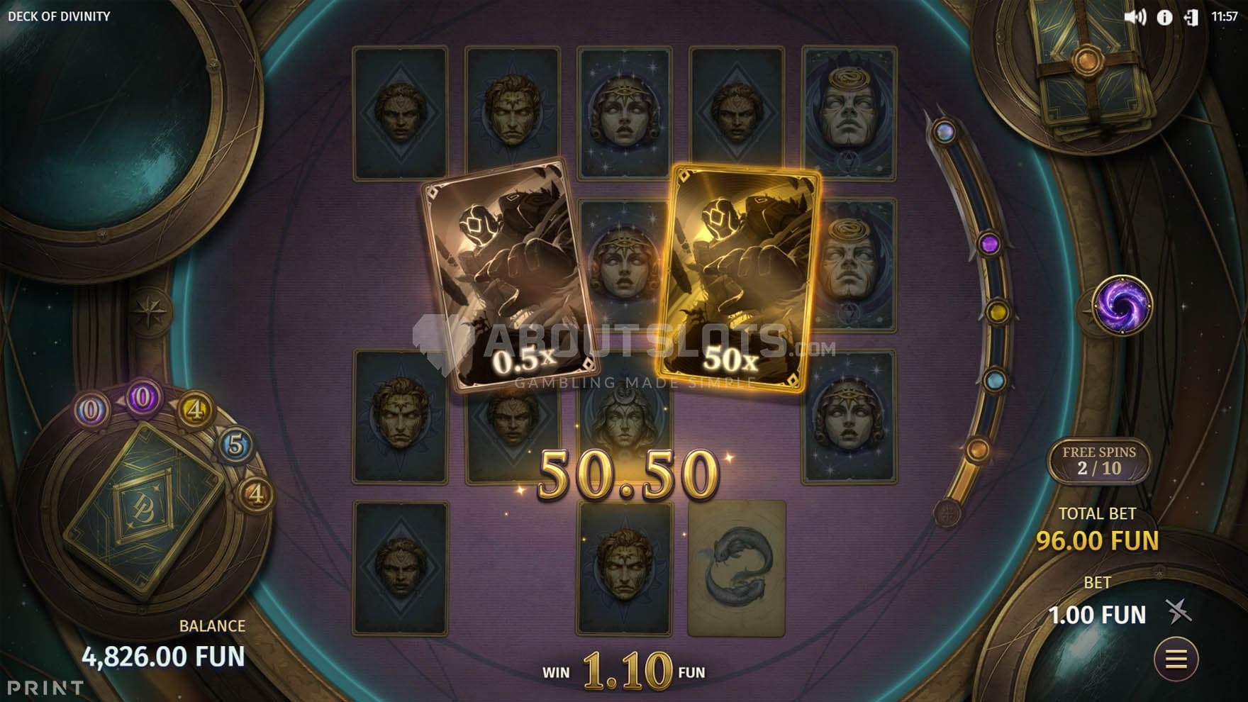 Screenshot of the Divine Deck Bonus in progress, with two uncovered cards awarding cash prizes.