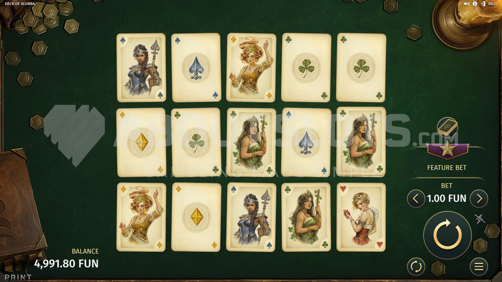 Base Game view of a 5x3 grid populated with playing cards on a green felt of a gambling table.