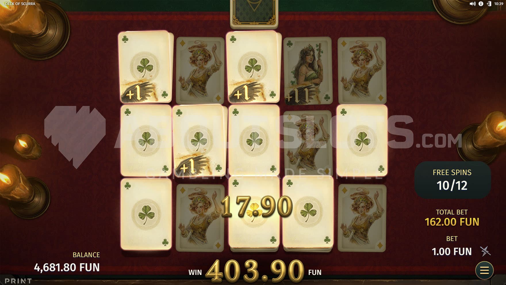 Evolving Deck Bonus round in progress, showing a high win on multiple ways simultaneously.