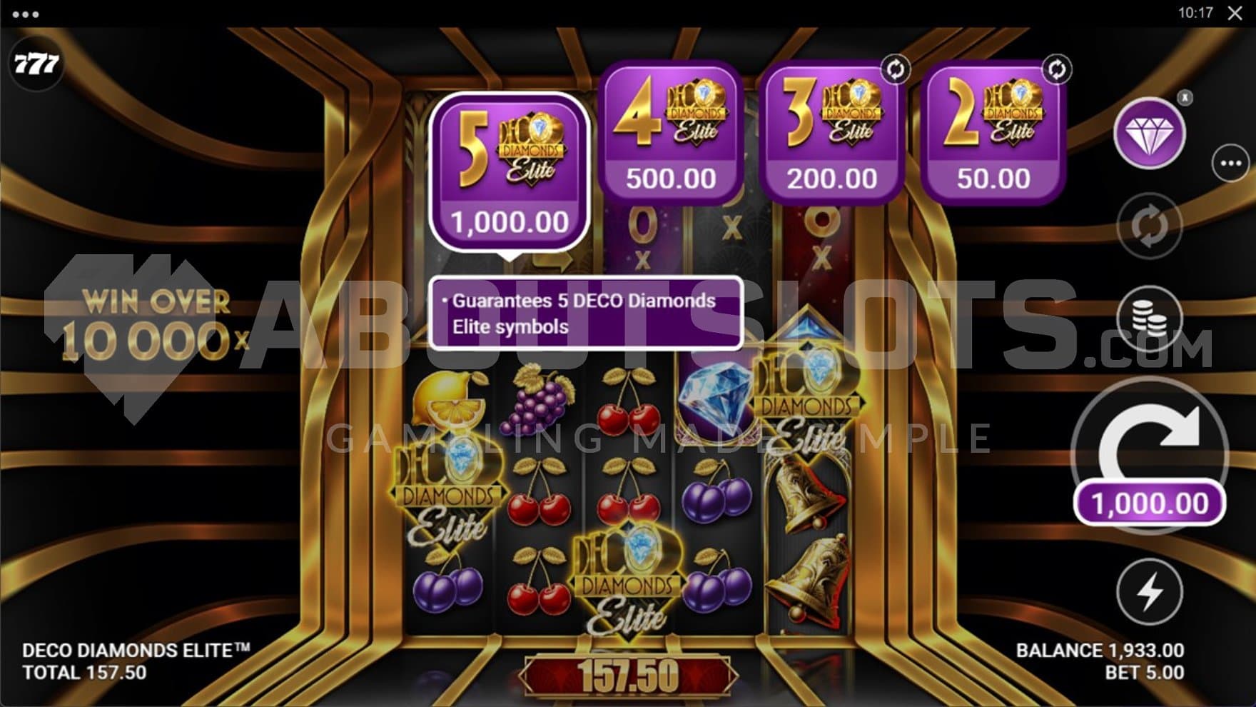 A screen offering features from between 10x and 200x the bet.
