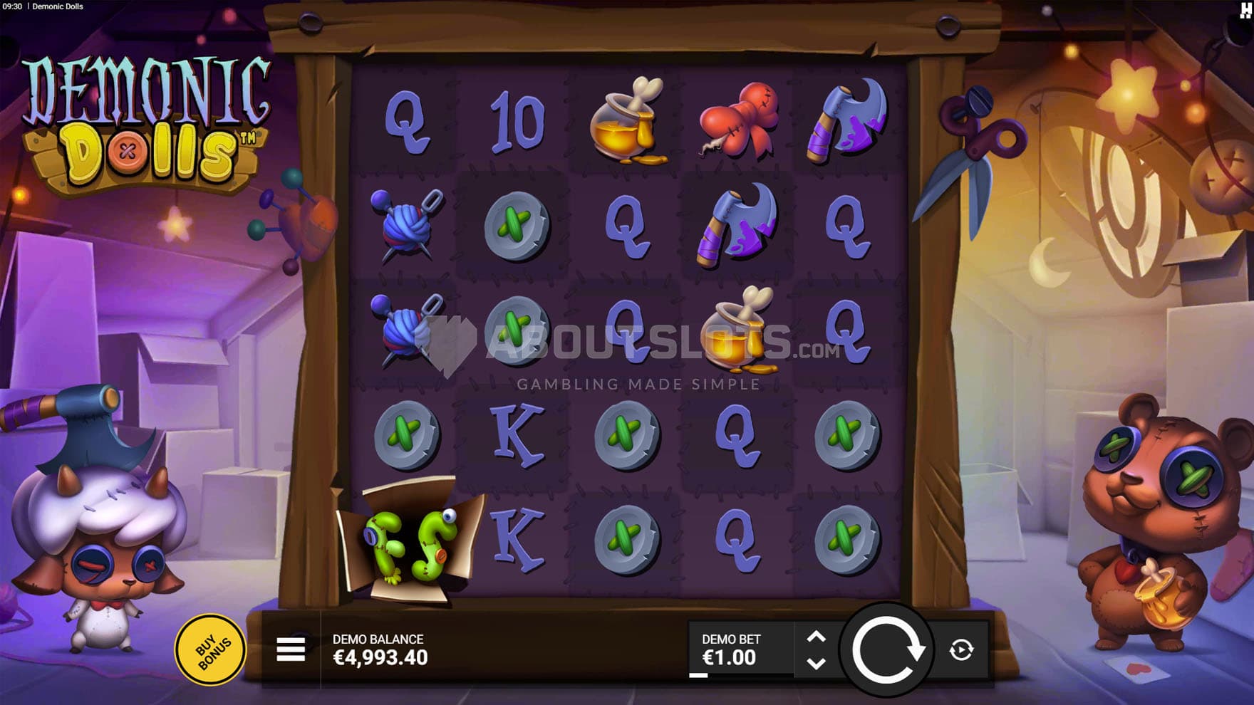 Screenshot of the base game, showing a 5x5 grid on a backdrop of a home attic, with two plush toys standing on the sides.