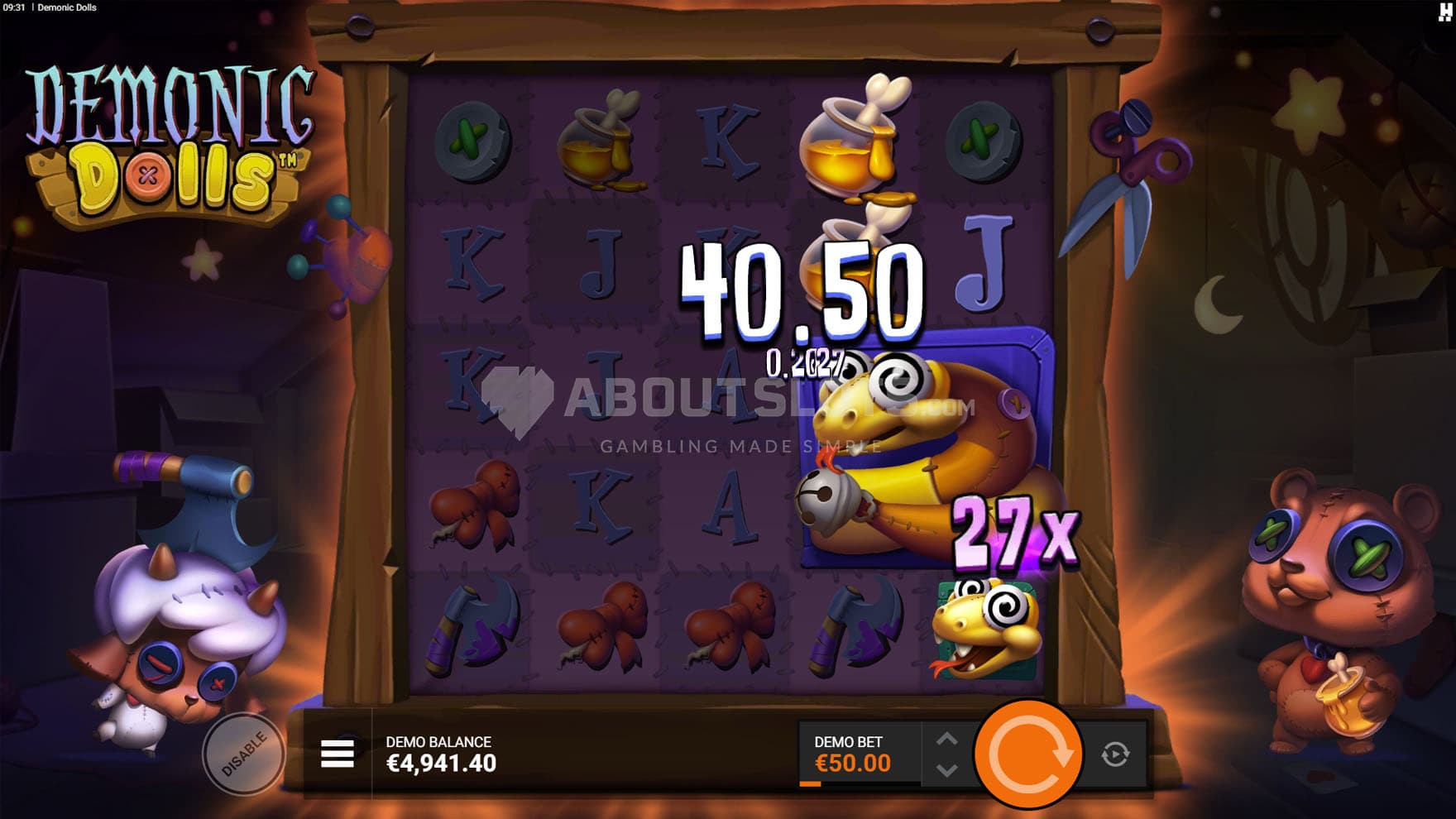 Screenshot of the Wild Rattle feature triggered in the base game, spawning a 2x2 Wild with an x27 multiplier.