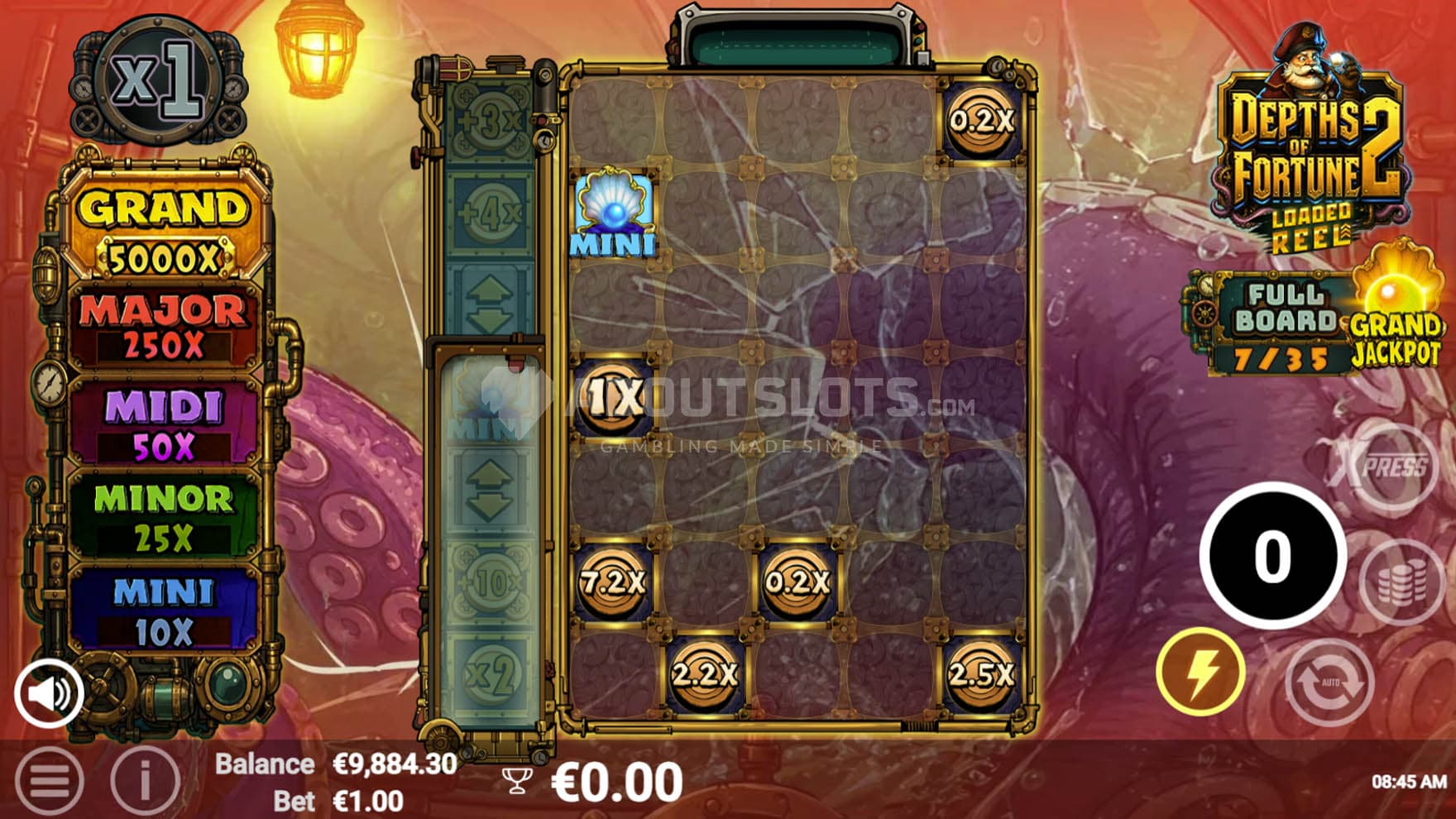 Screenshot of the Hold&Win bonus in progress with several cash symbols locked on the grid.