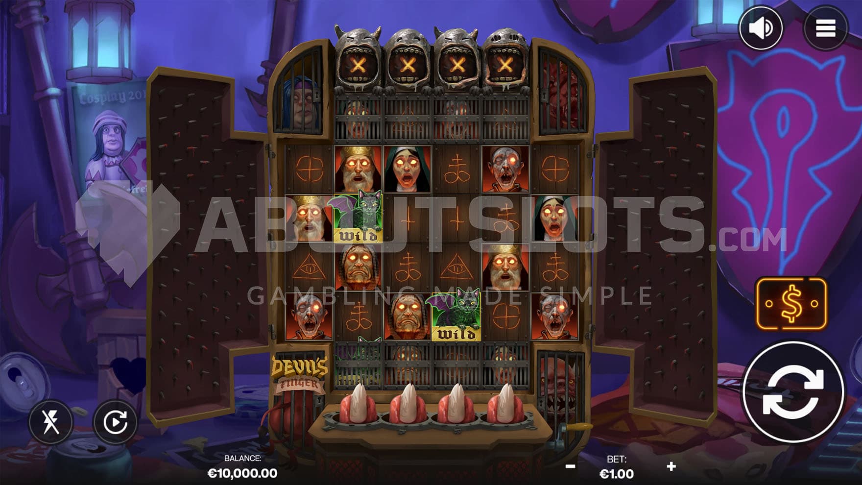 Base Game view of a 6x4 grid placed in an iron maiden on a backdrop of a cosplayer's room.