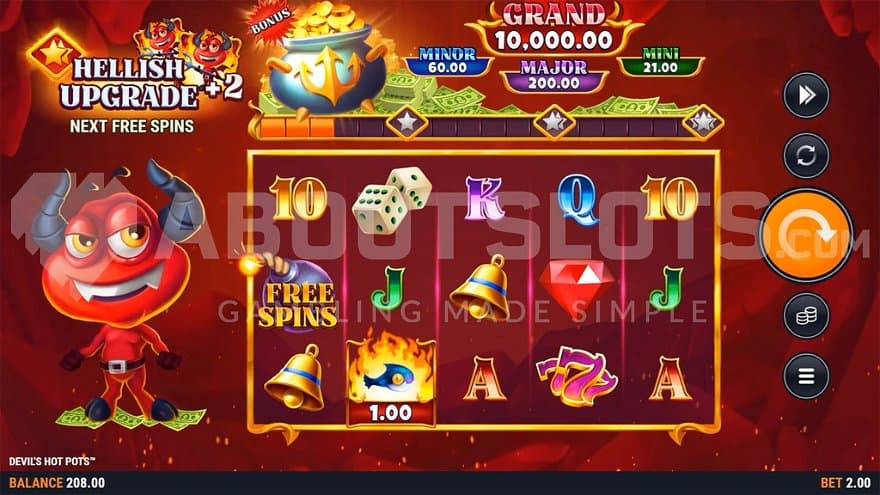 A casino slot with 5 reels and a red devil next to them.