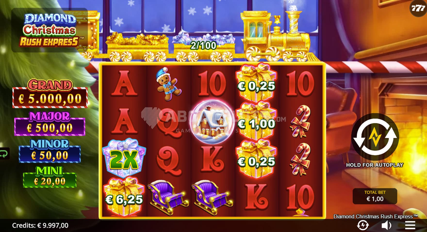 Screenshot of the base game, showing a 5x4 grid on a backdrop of a room decorated for Christmas.