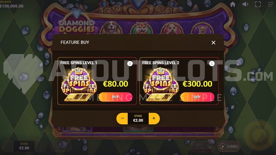 A screen offering the Free Spins for 40X the bet and the super Free spins for 150X the bet.