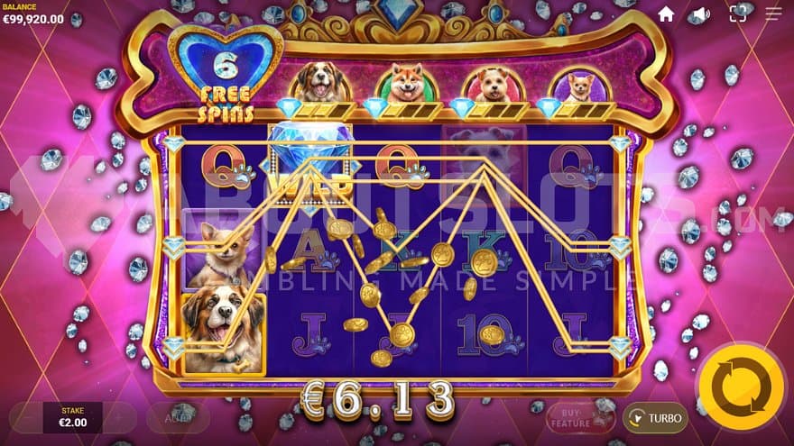 A win with a wild diamond symbol on the second reel in the Free Spins.