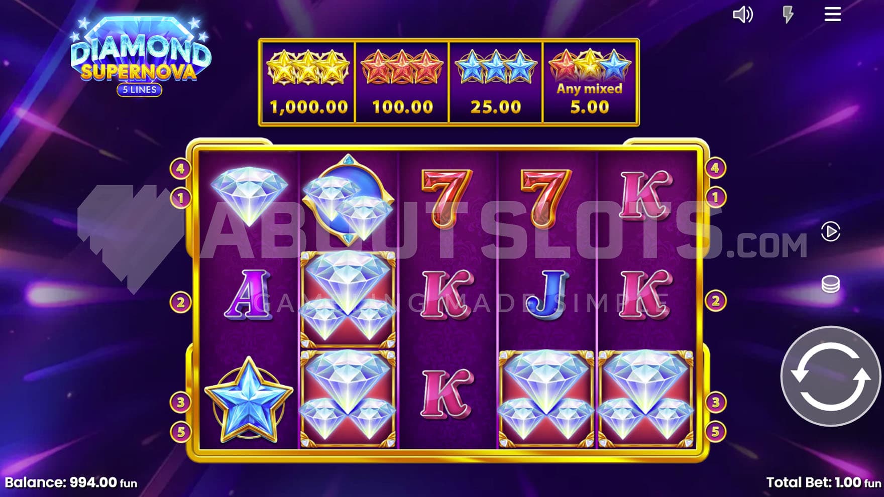 Base Game view of a 5x3 grid on a backdrop of outer space with shooting stars.