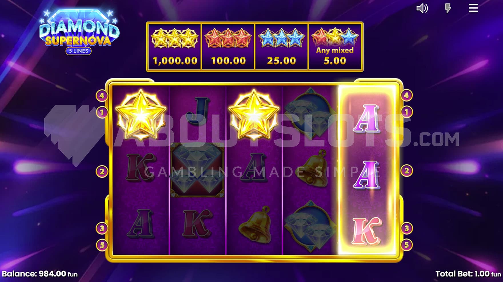 Anticipation of the third gold star triggered in the base game with a chance to win 1,000x the bet Scatter prize.