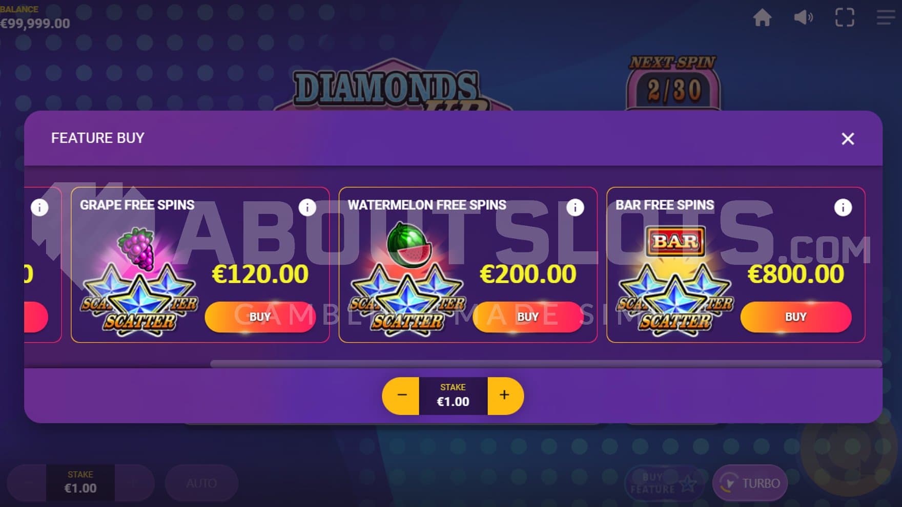 A screen offering the Free Spins for different prices.