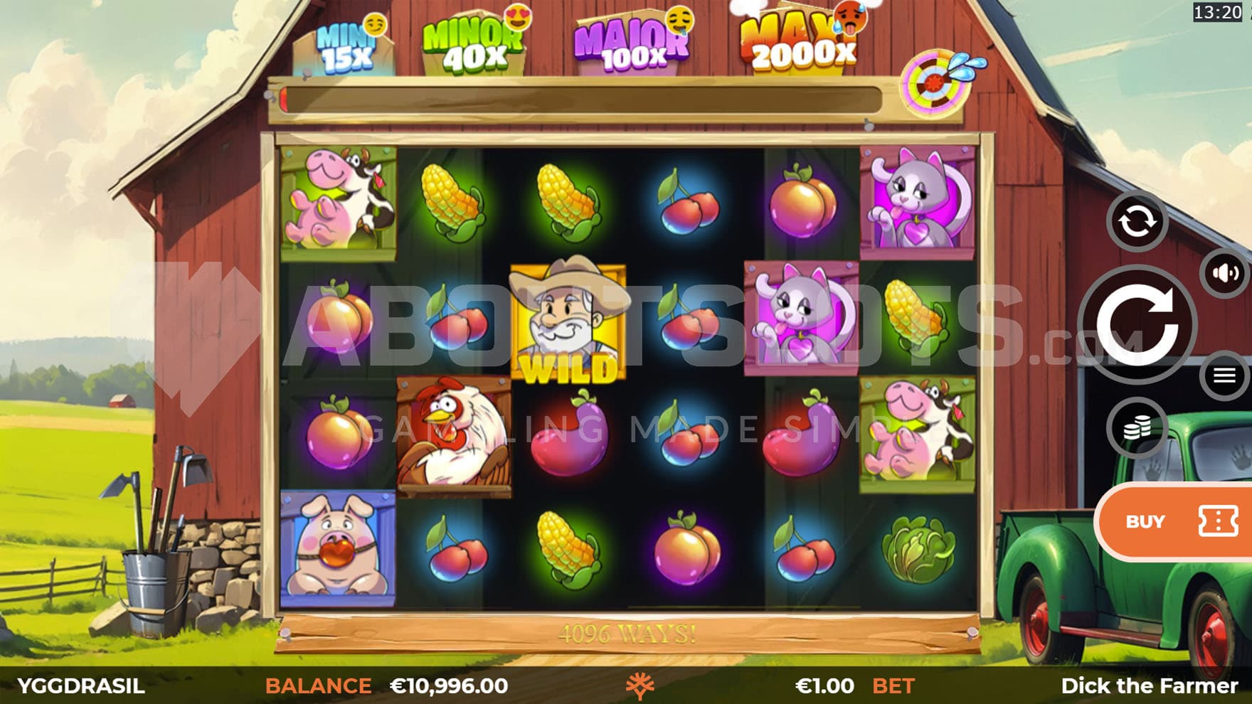 Base Game view of a 6x4 grid on a backdrop of a red barn on a farm.