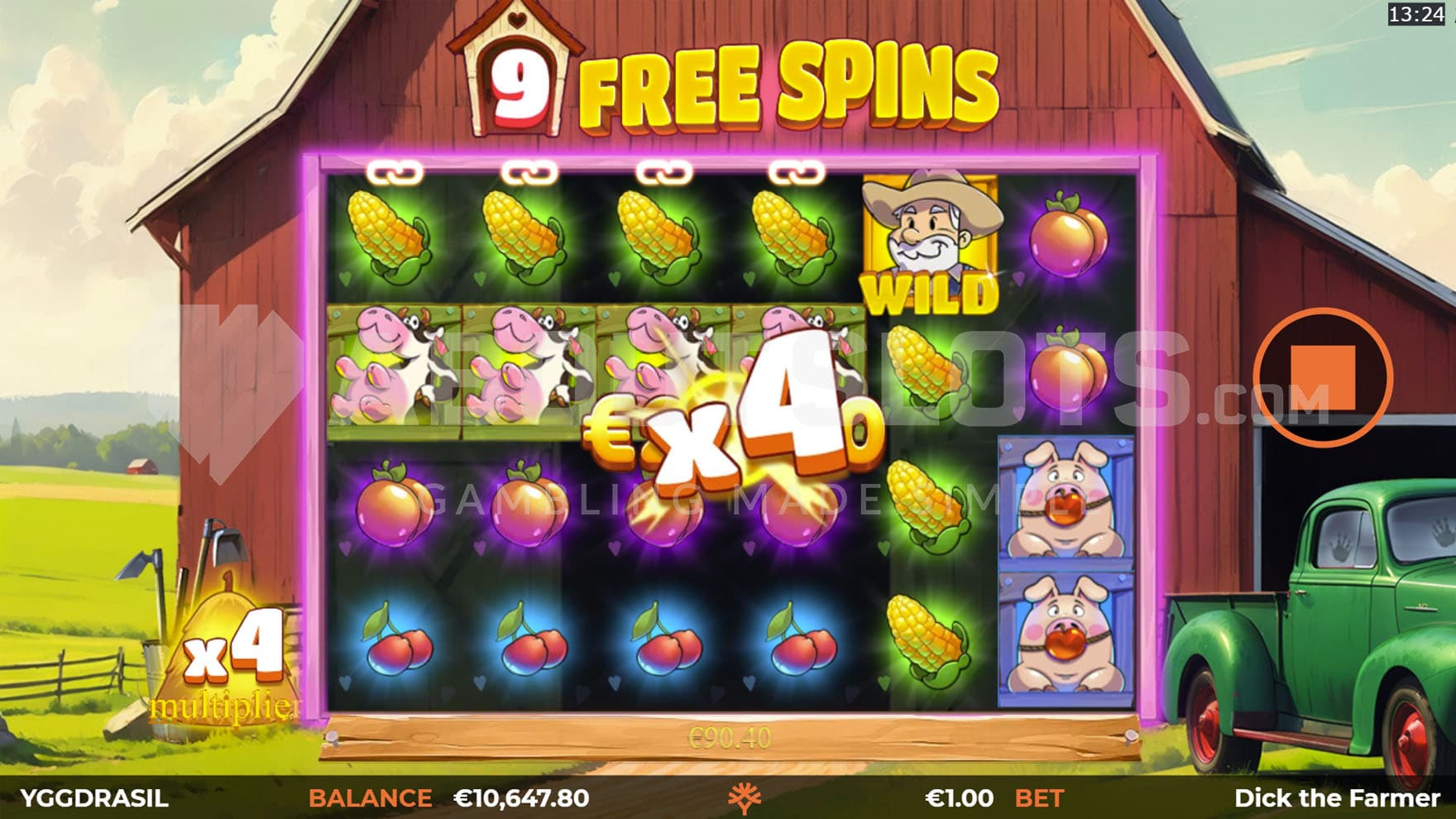 Free Spins bonus in progress with multiple synced reels and a multiplier of x4.