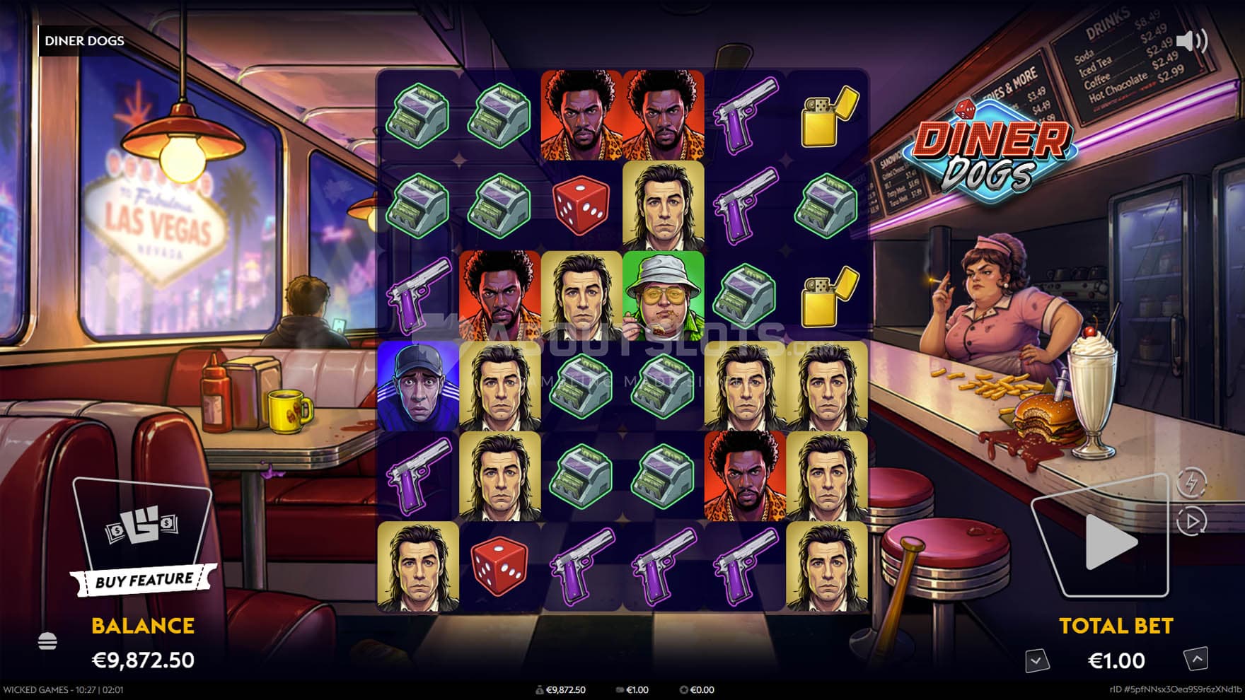Screenshot of the base game, with a 6x6 grid on a backdrop of an old-school diner.
