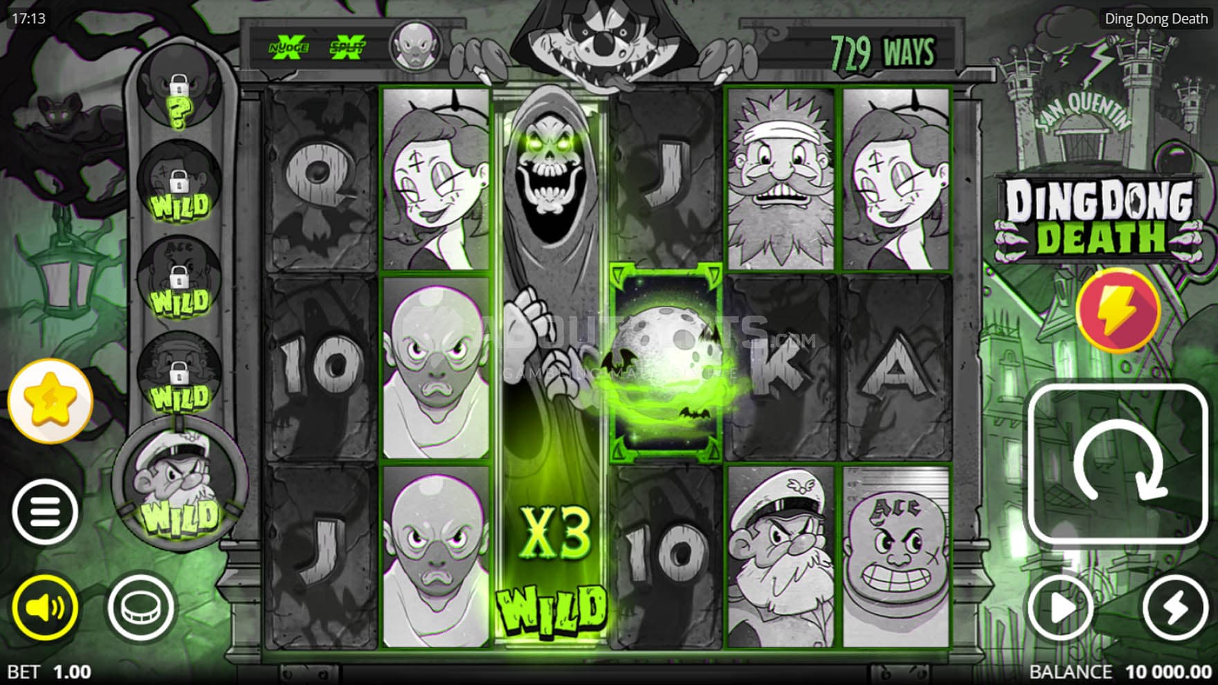 Screenshot of the base game, showing a 6x3 grid on a backdrop of a monochromatic, cartoon graveyard.