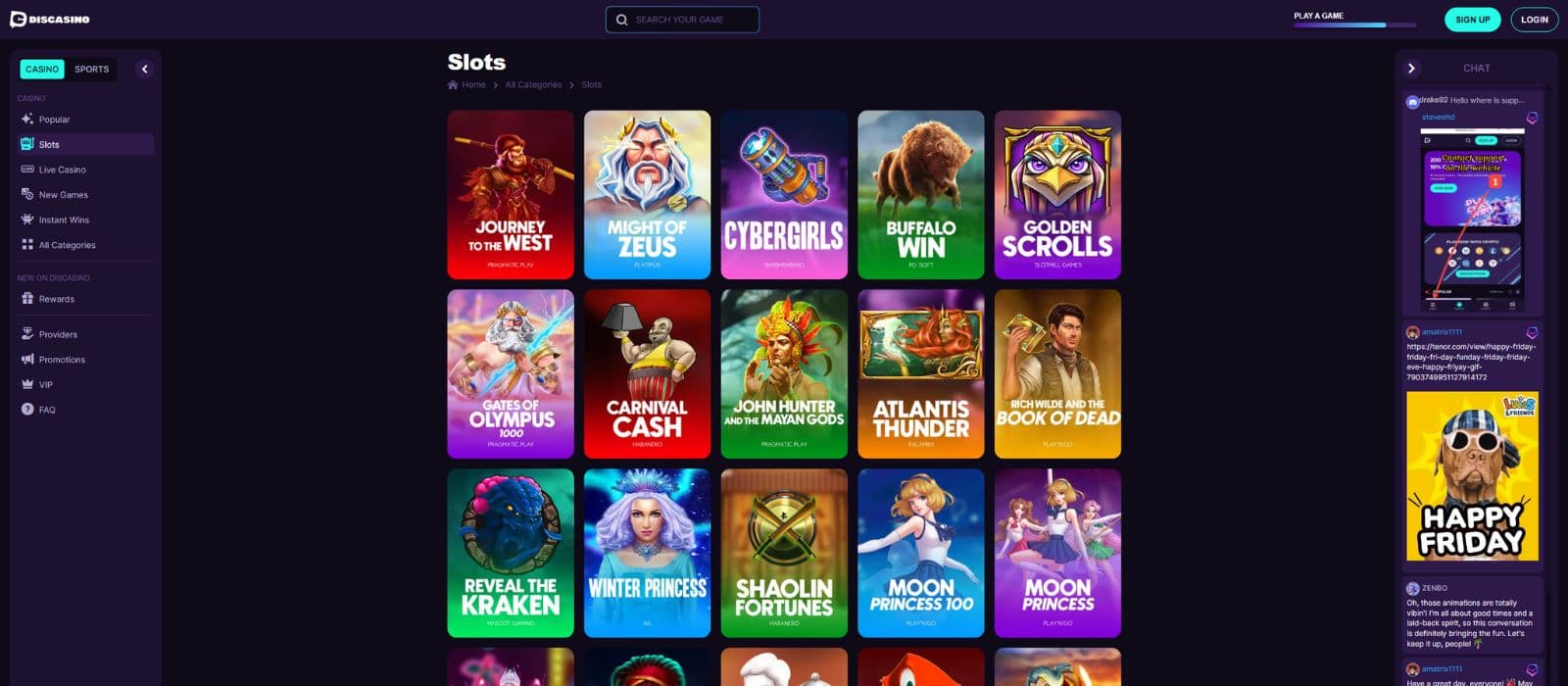 Discasino games page showing a selection of slots with the chat and main menu on the sides