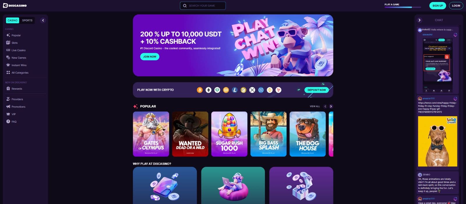 Discasino landing page showing the welcome offer, Discord chat to the right and the main menu to the left