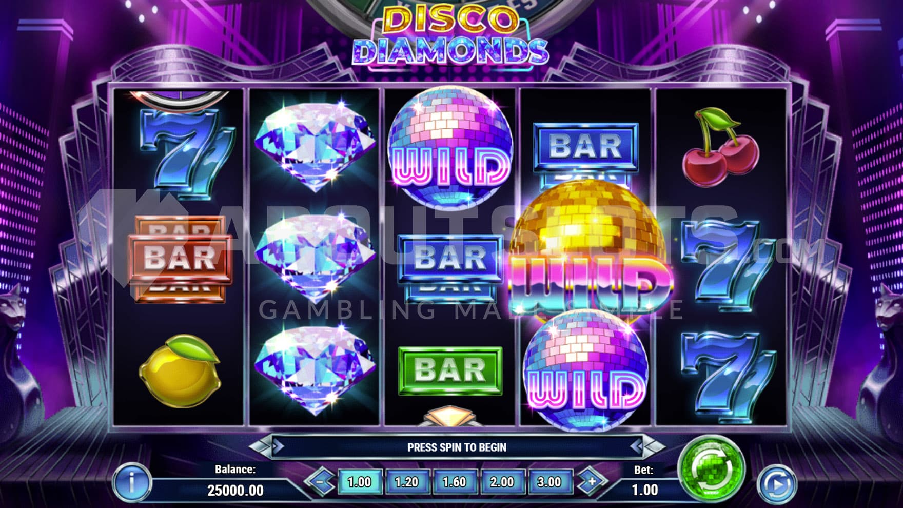 Base Game view of a 5x3 grid on a backdrop of a futuristic dance club.