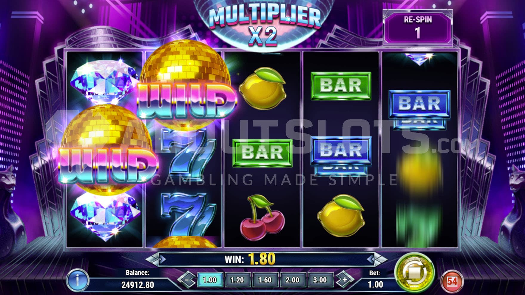 Disco Re-Spin feature triggered in the base game, showing 2 Sticky Wilds during a re-spin.