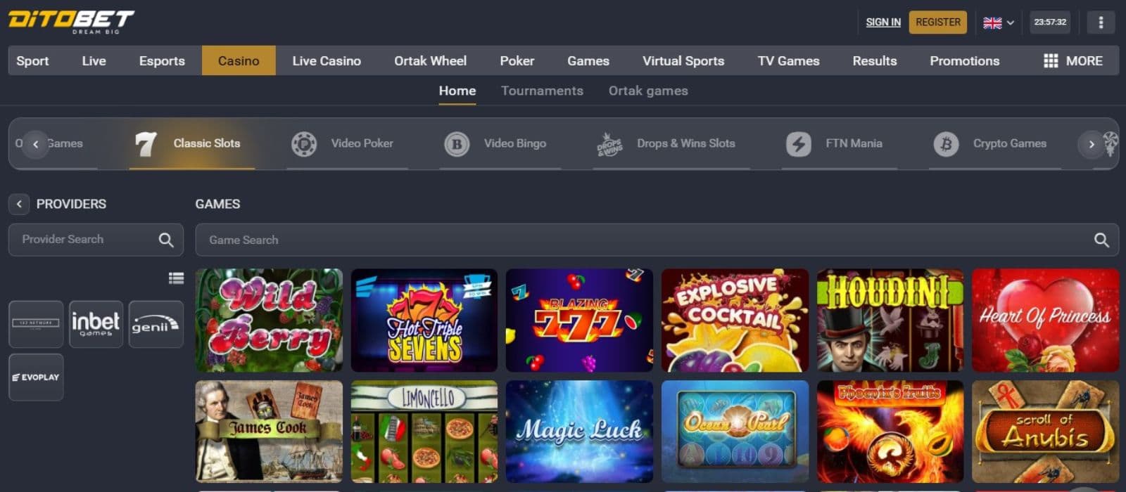 Ditobet Casino's classic games page, showing impressive titles like Magic Luck and other exciting games.