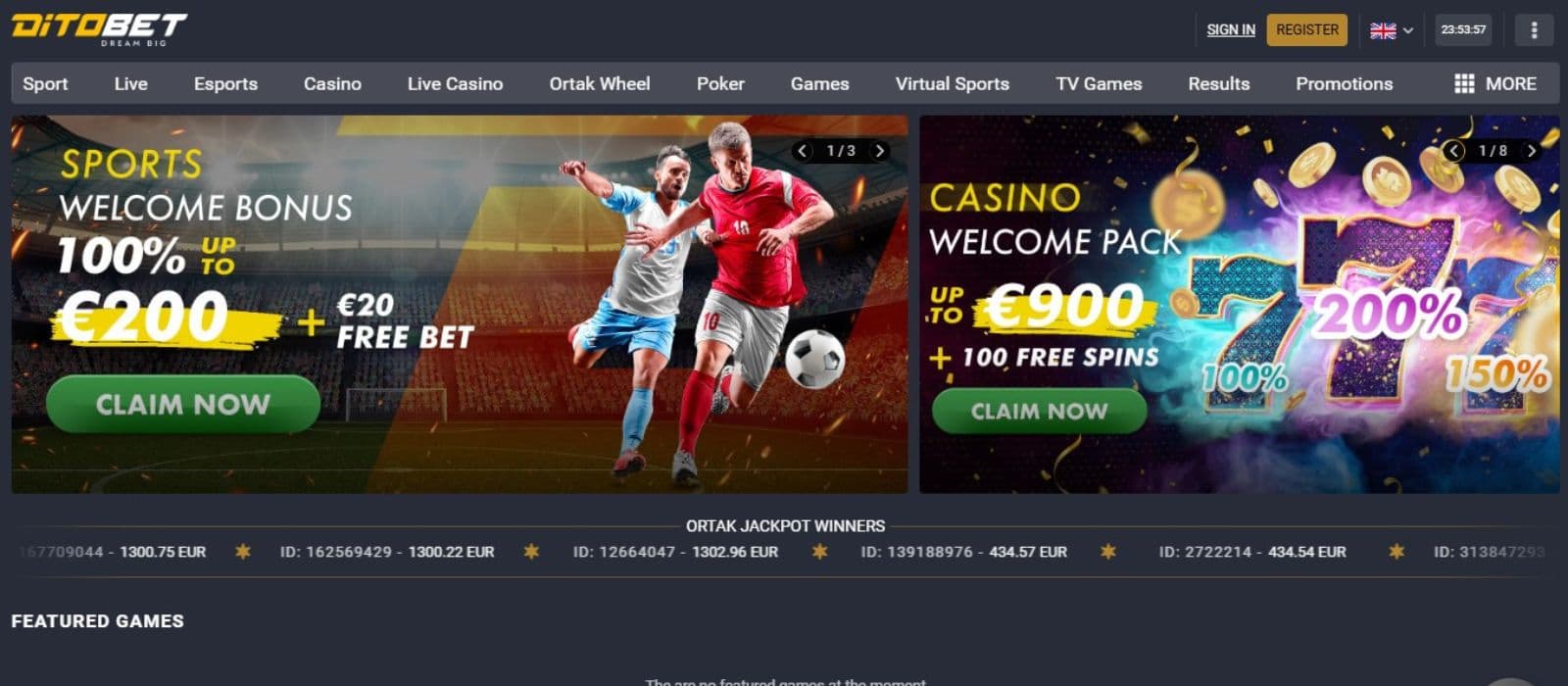 Ditobet Casino's homepage, showing the casino and sports welcome bonuses.