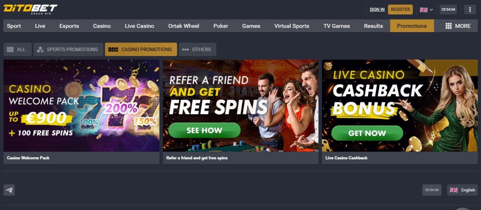 Ditobet Casino's promotions page, showing the welcome package, referral bonus and live cashback offer.