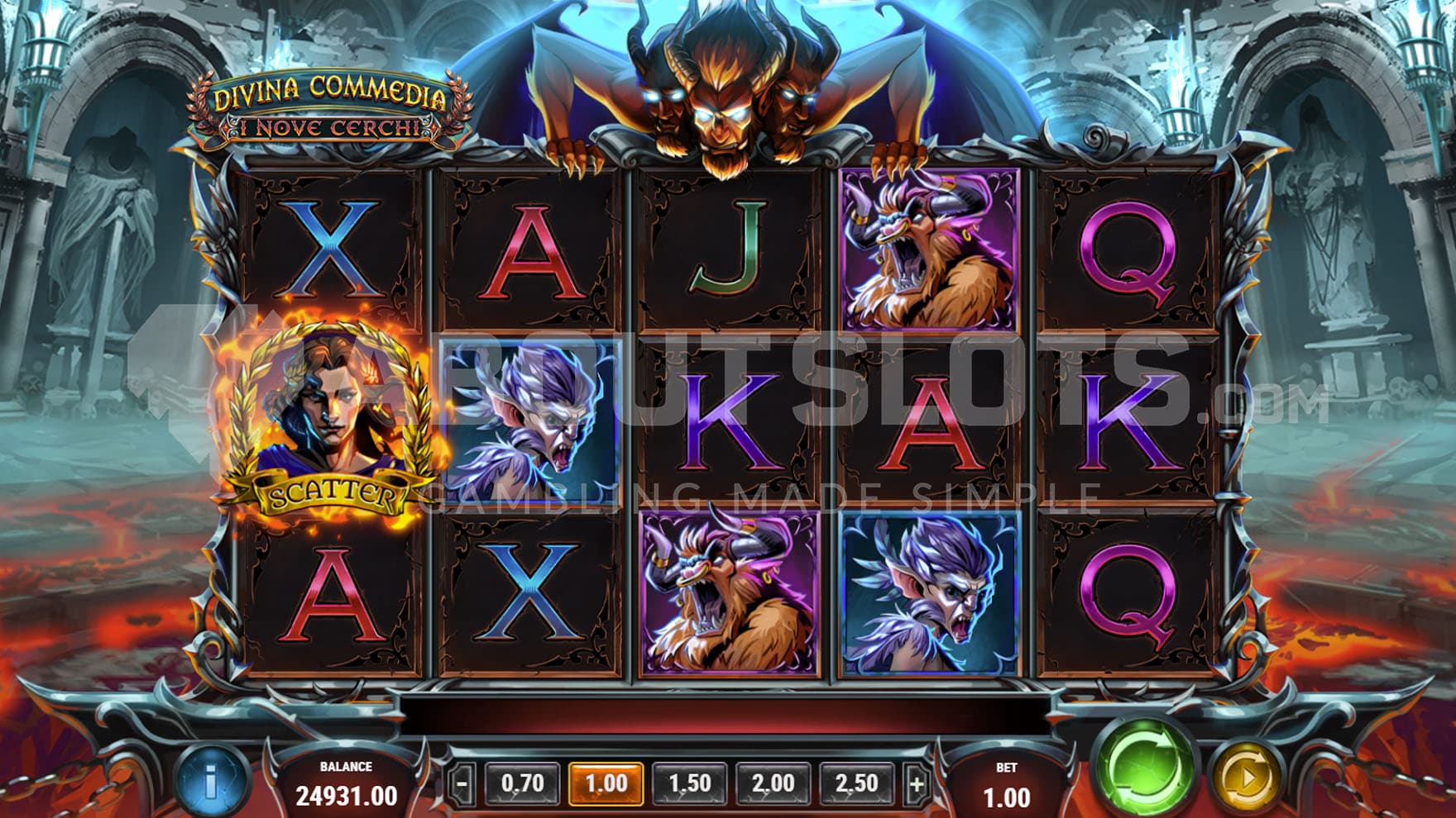 Base Game view of a 5x3 grid on a backdrop of a dark, eerie sanctuary, with a devil clutching the top ridge of the panel.