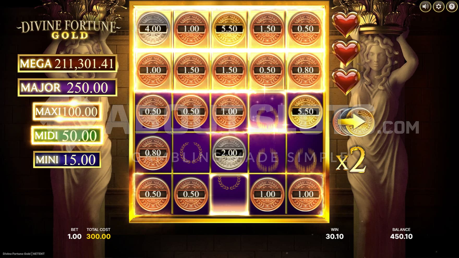 Gold Bonus Spins in progress, showing multiple coins with cash prizes locked on the grid.