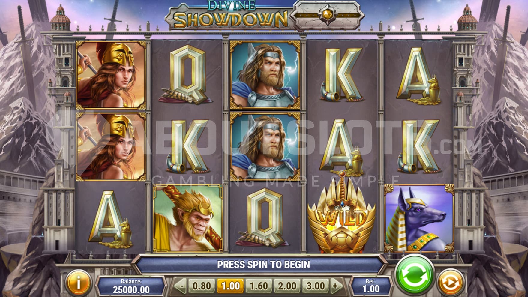 Base Game view of a 5x3 grid on a backdrop of a mythological city settled in the mountains.