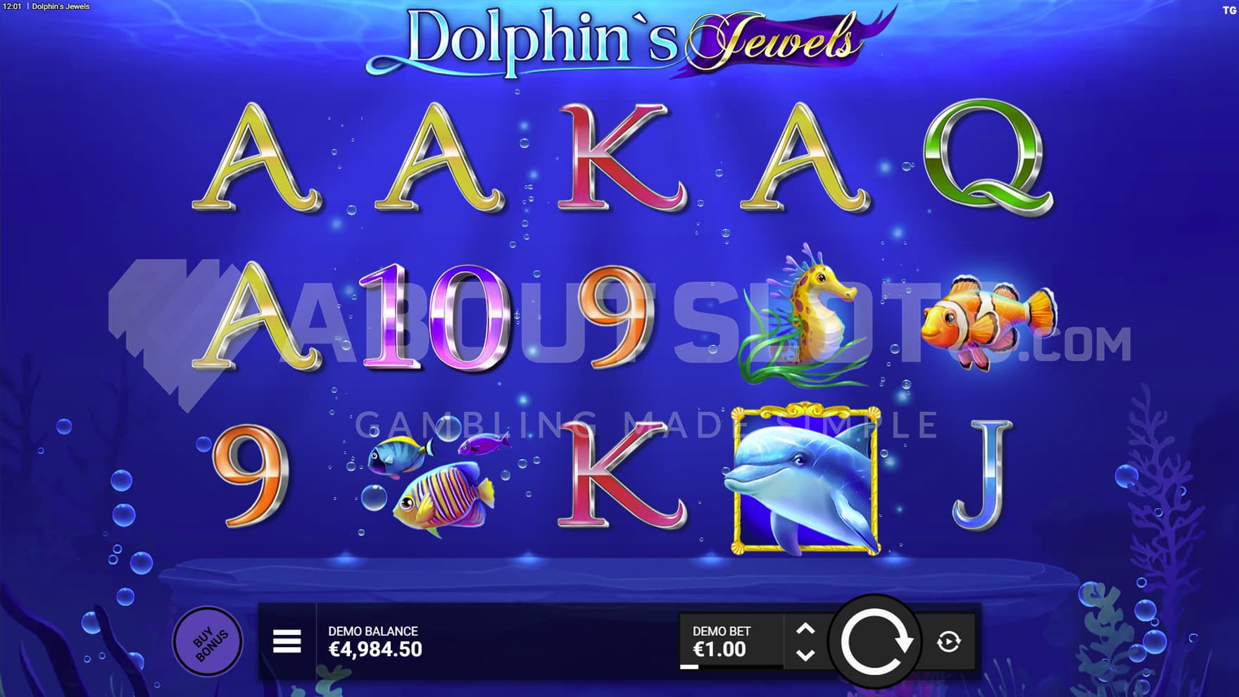 Base Game view of a 5x3 grid on a backdrop of an ocean underwater.