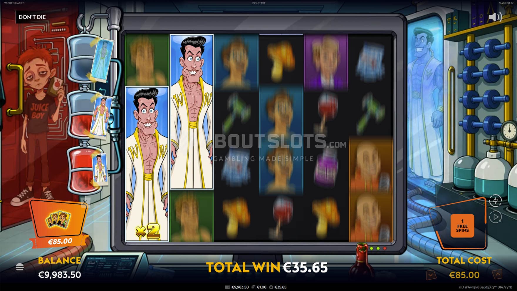 Screenshot of the Free Spins bonus in progress, showing two Expanded Wilds sticky during a spin.