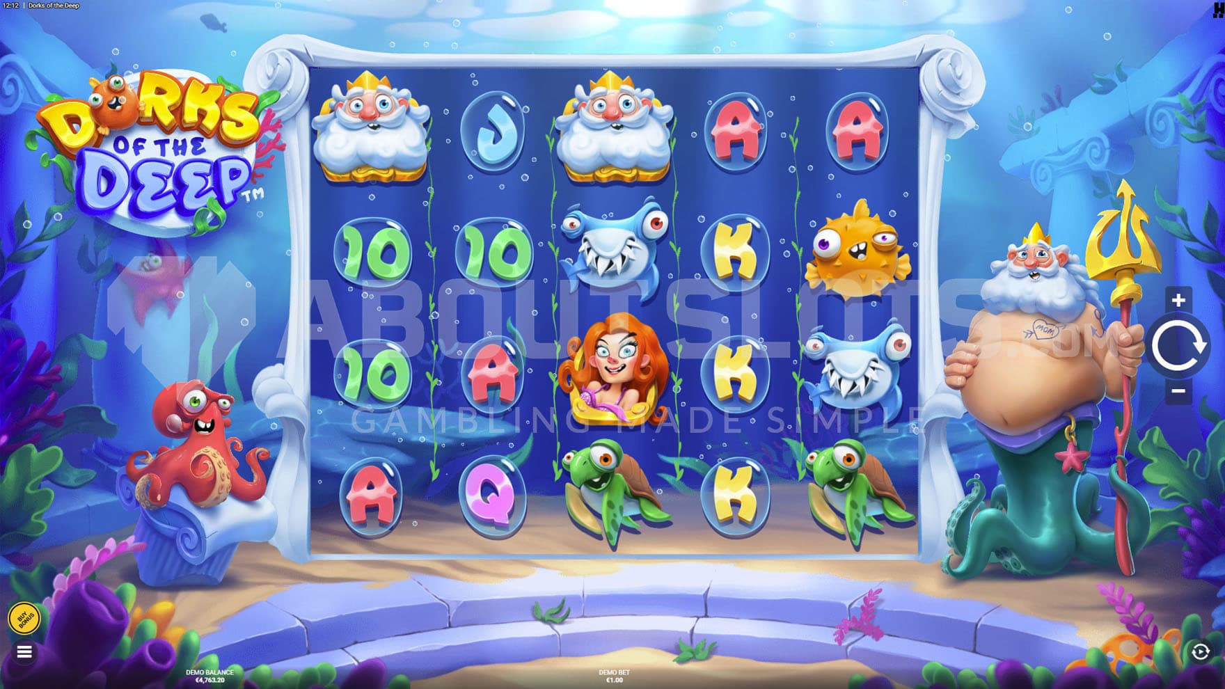 Base Game view of a 5x4 grid set in the underwater kingdom where an Ocean King and The Octopus stand on both sides.