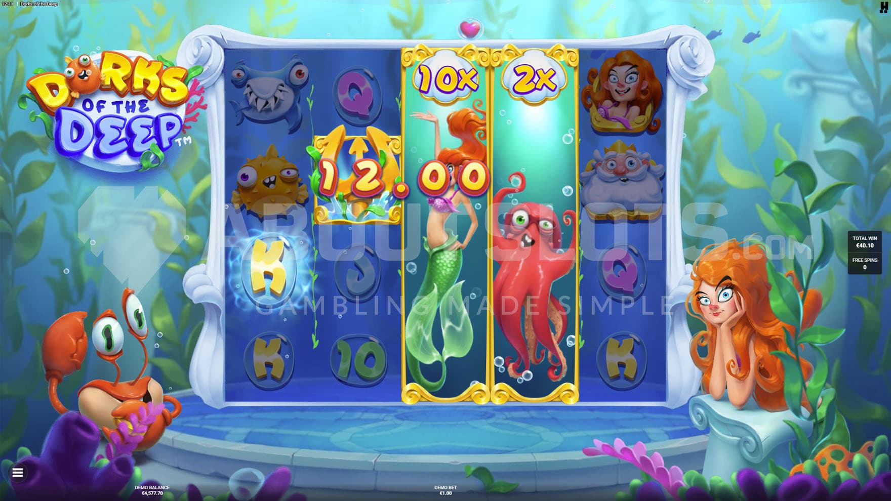 Free Spins bonus showing two Expanding Wilds with multipliers of 10x and 2x on reel 3 and 4.