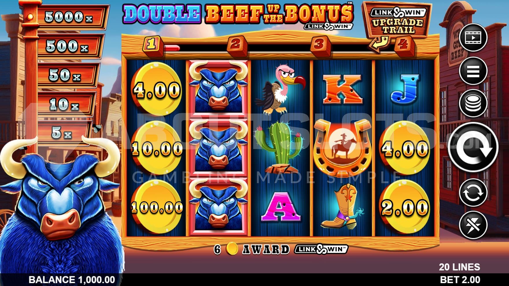 A casino slot with a blue bull to the side of it.